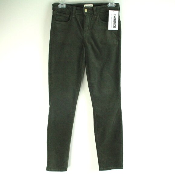 L'AGENCE Margot Mid Rise Moss Green Rich Velvet Signature Skinny Jeans 25 NWT - Picture 2 of 6